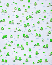 Japanese chiyogami paper featuring green frogs on green lily pads on a pearlescent light blue background with metallic gold details.