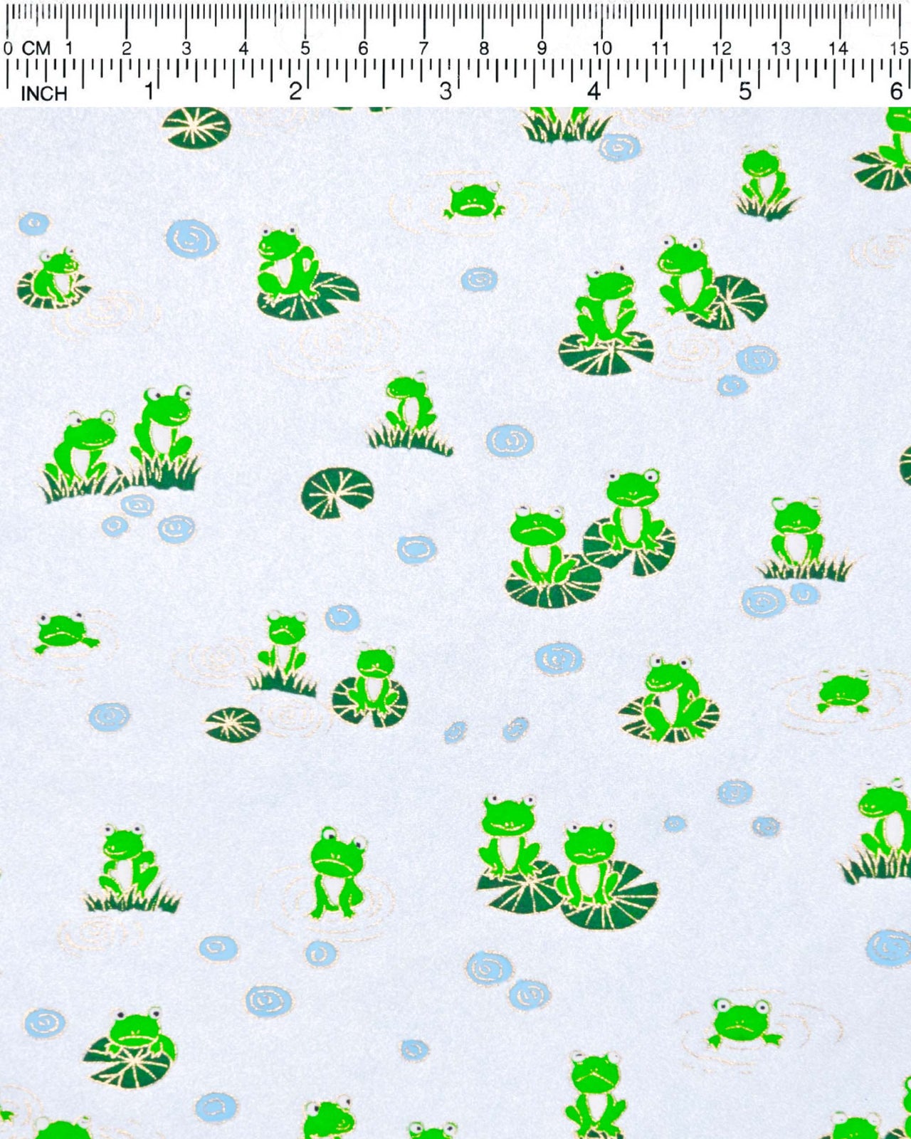 Japanese chiyogami paper featuring green frogs on green lily pads on a pearlescent light blue background with metallic gold details.