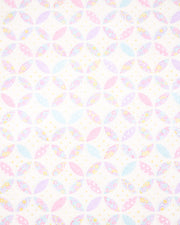 Japanese chiyogami paper featuring a light pastel-colored shippo design filled with floral and geometric designs in shades of pink, purple, blue, and yellow on a white background.