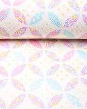 Japanese chiyogami paper featuring a light pastel-colored shippo design filled with floral and geometric designs in shades of pink, purple, blue, and yellow on a white background.