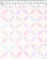 Japanese chiyogami paper featuring a light pastel-colored shippo design filled with floral and geometric designs in shades of pink, purple, blue, and yellow on a white background.