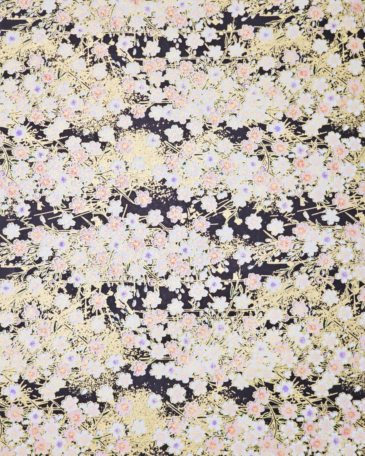 Japanese chiyogami paper featuring pink cherry blossoms and white cherry blossoms with purple and pink centers on a black background with metallic gold details.