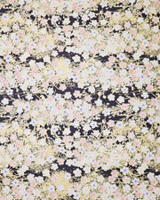 Japanese chiyogami paper featuring pink cherry blossoms and white cherry blossoms with purple and pink centers on a black background with metallic gold details.