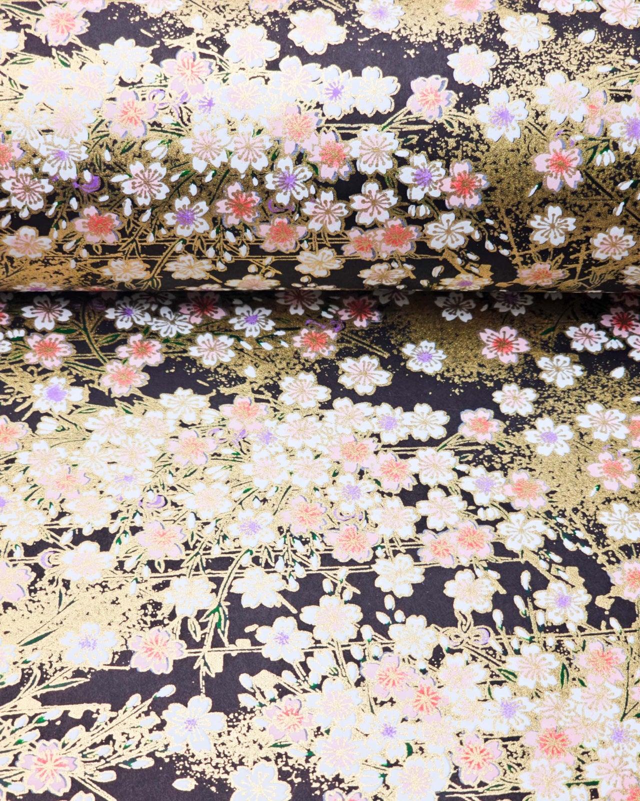 Japanese chiyogami paper featuring pink cherry blossoms and white cherry blossoms with purple and pink centers on a black background with metallic gold details.