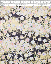 Japanese chiyogami paper featuring pink cherry blossoms and white cherry blossoms with purple and pink centers on a black background with metallic gold details.