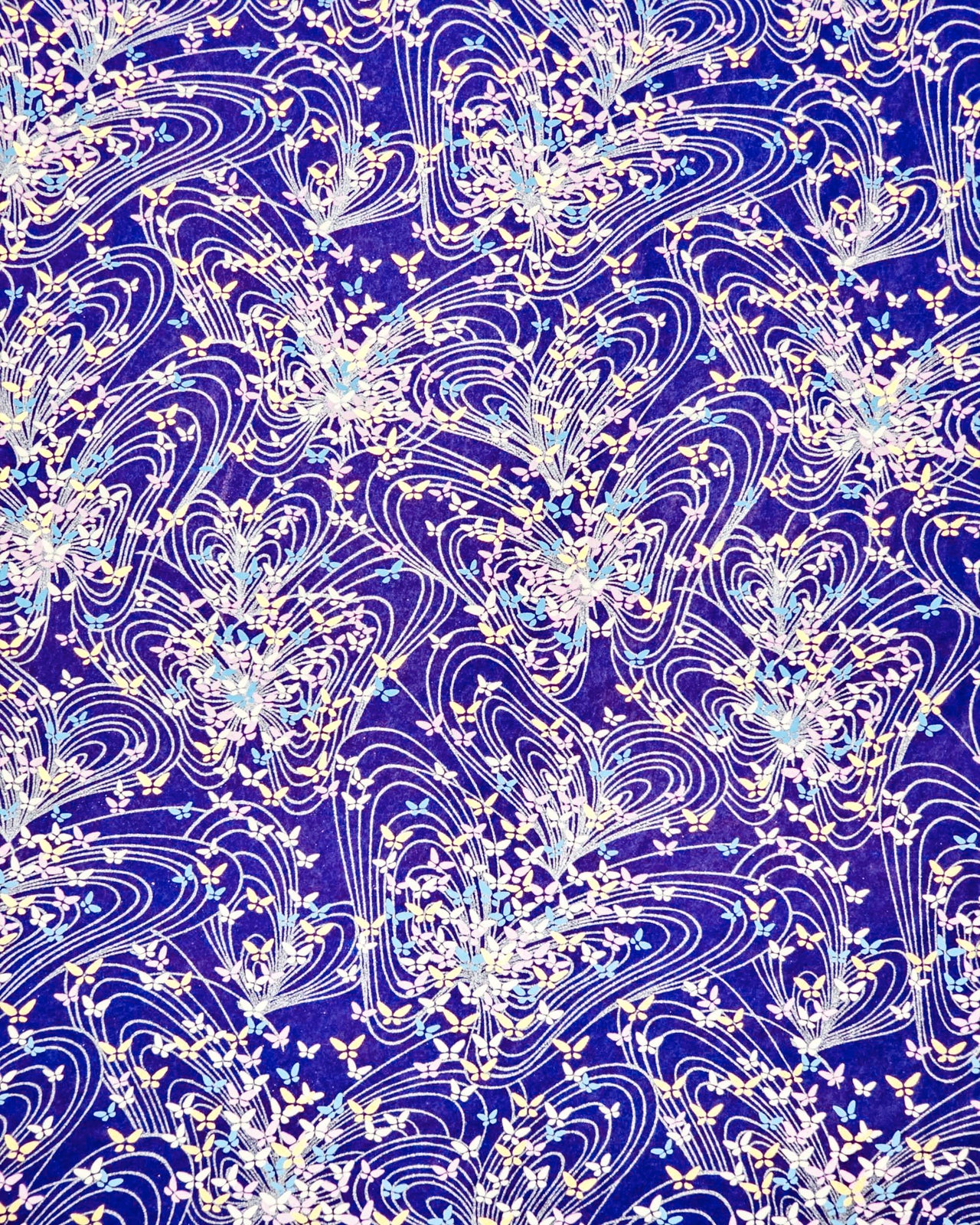 Japanese chiyogami paper featuring small purple, white, blue and metallic gold butterflies on a dark blue background.