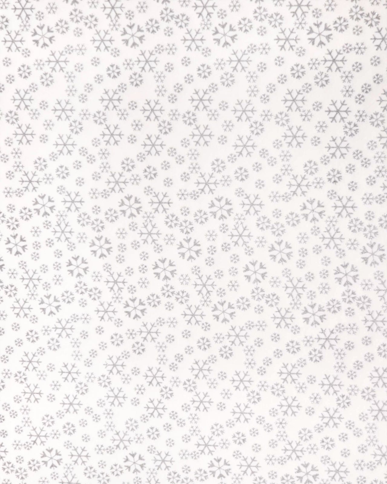 Japanese chiyogami paper featuring metallic silver snowflakes of various sizes on a white background.