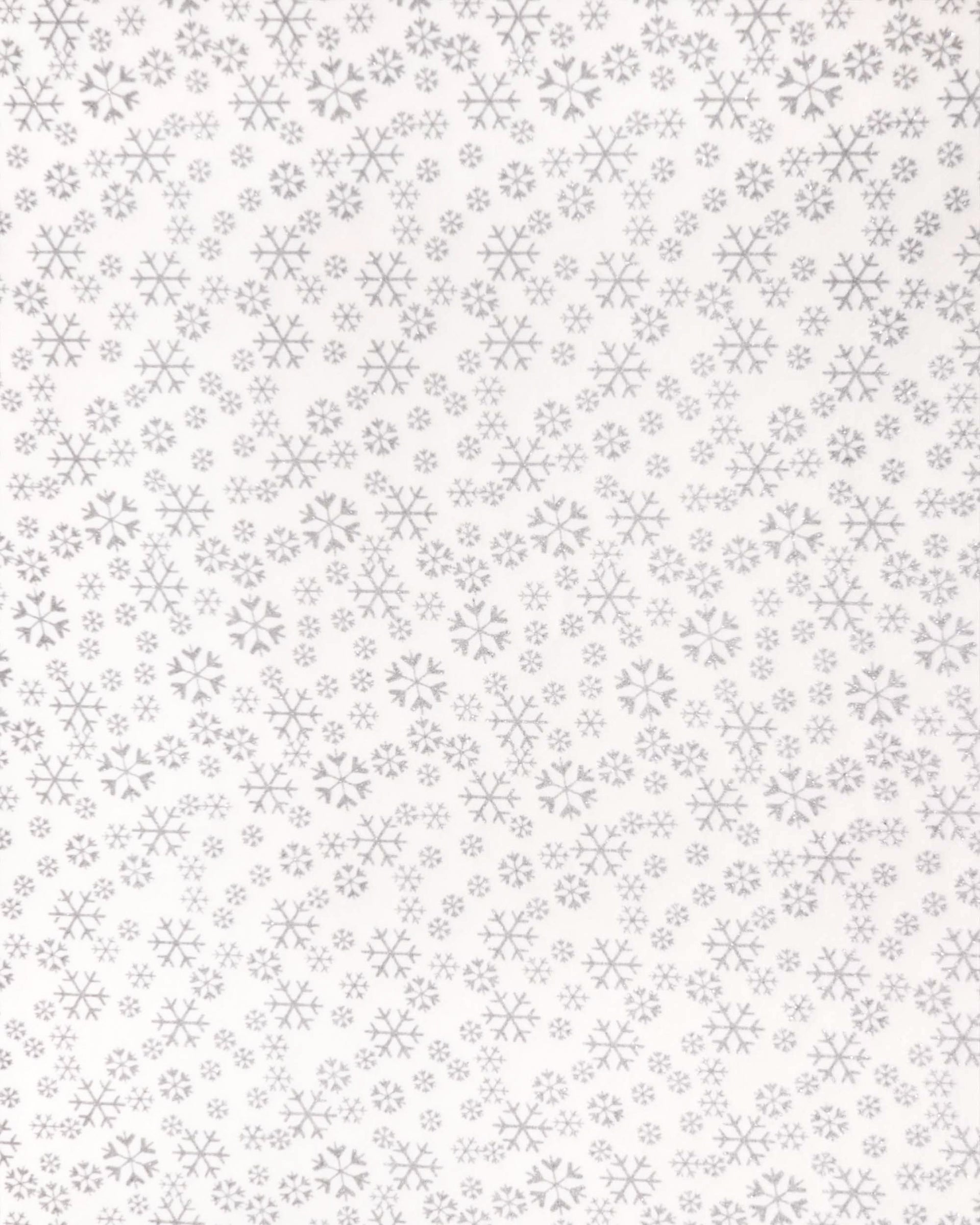 Japanese chiyogami paper featuring metallic silver snowflakes of various sizes on a white background.
