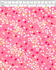 Japanese chiyogami paper featuring white hearts, small white, red, and yellow flowers, and metallic gold cherry blossoms on a pink background.