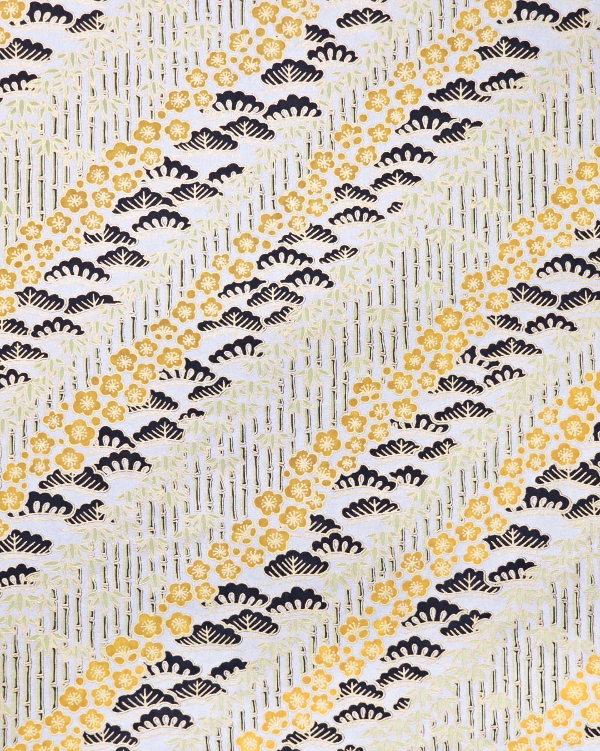 Japanese chiyogami paper featuring orange plum blossoms, black pine, and green bamboo on a metallic silver background with metallic gold details.