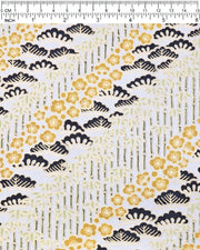 Japanese chiyogami paper featuring orange plum blossoms, black pine, and green bamboo on a metallic silver background with metallic gold details.
