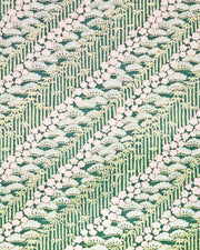 Japanese chiyogami paper featuring cream plum blossoms, light green pine, and green bamboo on green background with metallic gold details.

