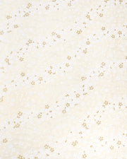 Japanese chiyogami paper featuring small white and metallic gold cherry blossoms on pearlescent cream background with metallic silver details.