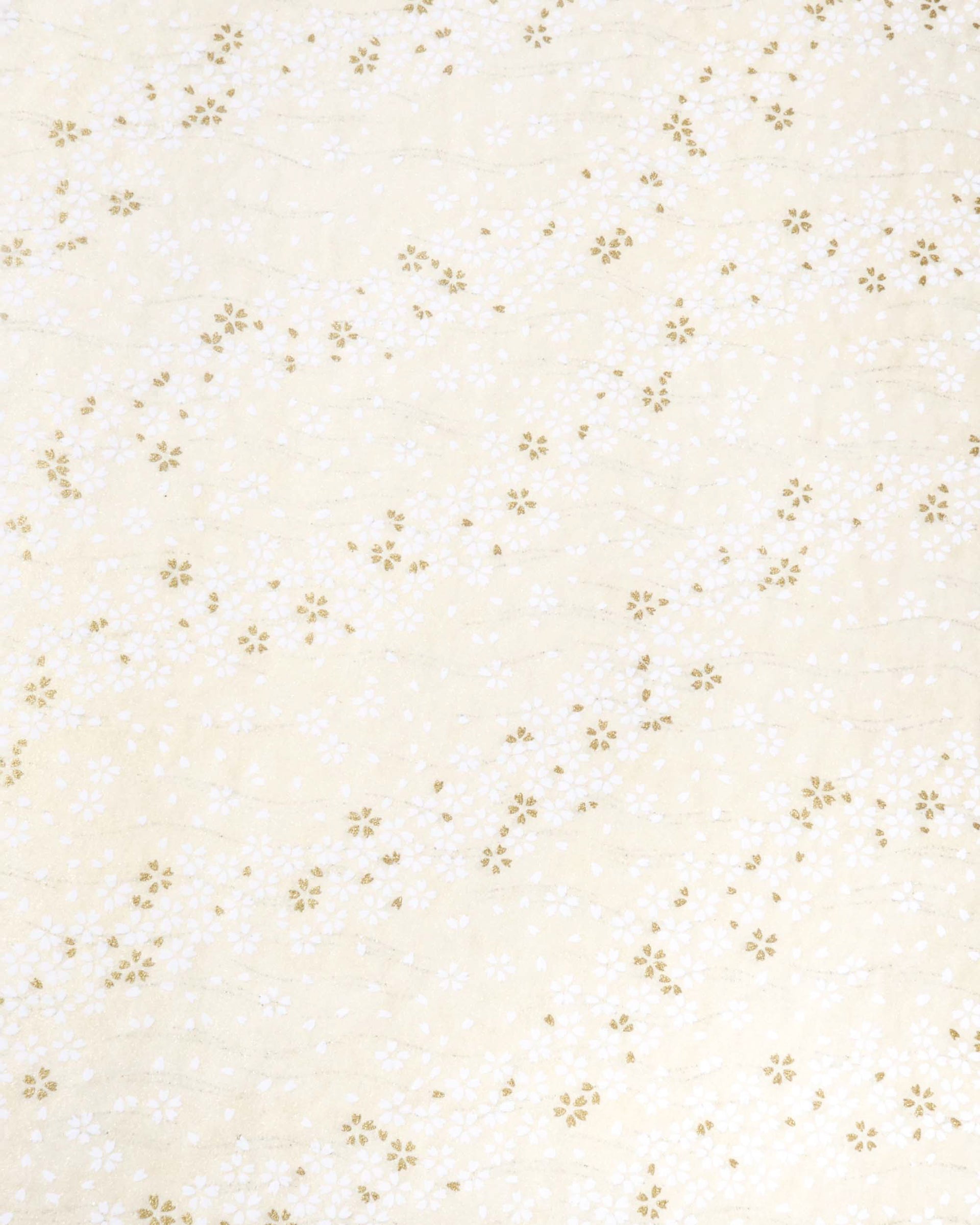 Japanese chiyogami paper featuring small white and metallic gold cherry blossoms on pearlescent cream background with metallic silver details.