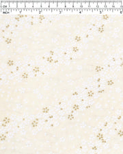 Japanese chiyogami paper featuring small white and metallic gold cherry blossoms on pearlescent cream background with metallic silver details.