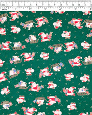 Japanese chiyogami paper featuring cartoon Santas in red outfits pulling sleds with presents and carrying sacks of presents on a green background with metallic gold details. 