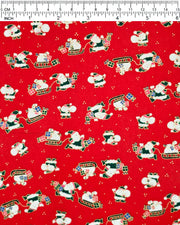 Japanese chiyogami paper featuring cartoon Santas in green outfits pulling sleds with presents and carrying sacks of presents on a red background with metallic gold details. 