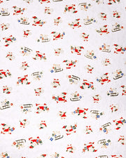 Japanese chiyogami paper featuring cartoon Santas in red outfits pulling sleds with presents and carrying sacks of presents on a metallic silver background with metallic gold details. 