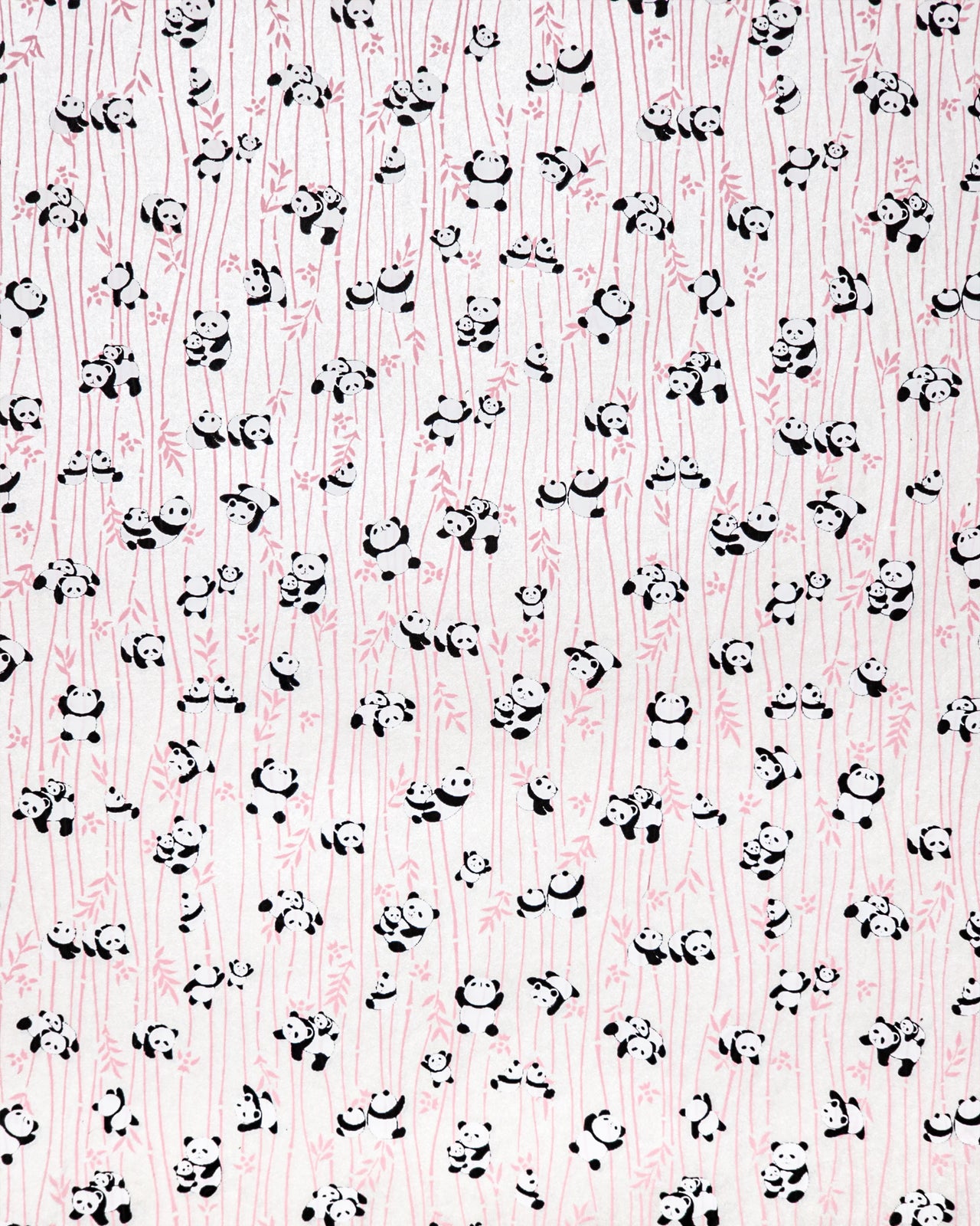 Japanese chiyogami paper featuring black and white pandas with pink bamboo stalks on a pearlescent white background.