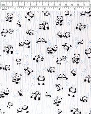 Japanese chiyogami paper featuring black and white pandas with blue bamboo stalks on a pearlescent white background.
