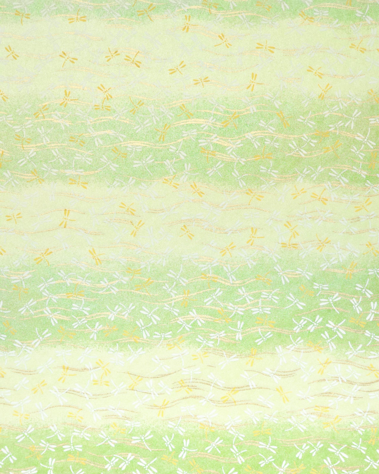 Japanese chiyogami paper featuring yellow and white dragonflies on a pearlescent green gradient background with metallic gold wavy lines.