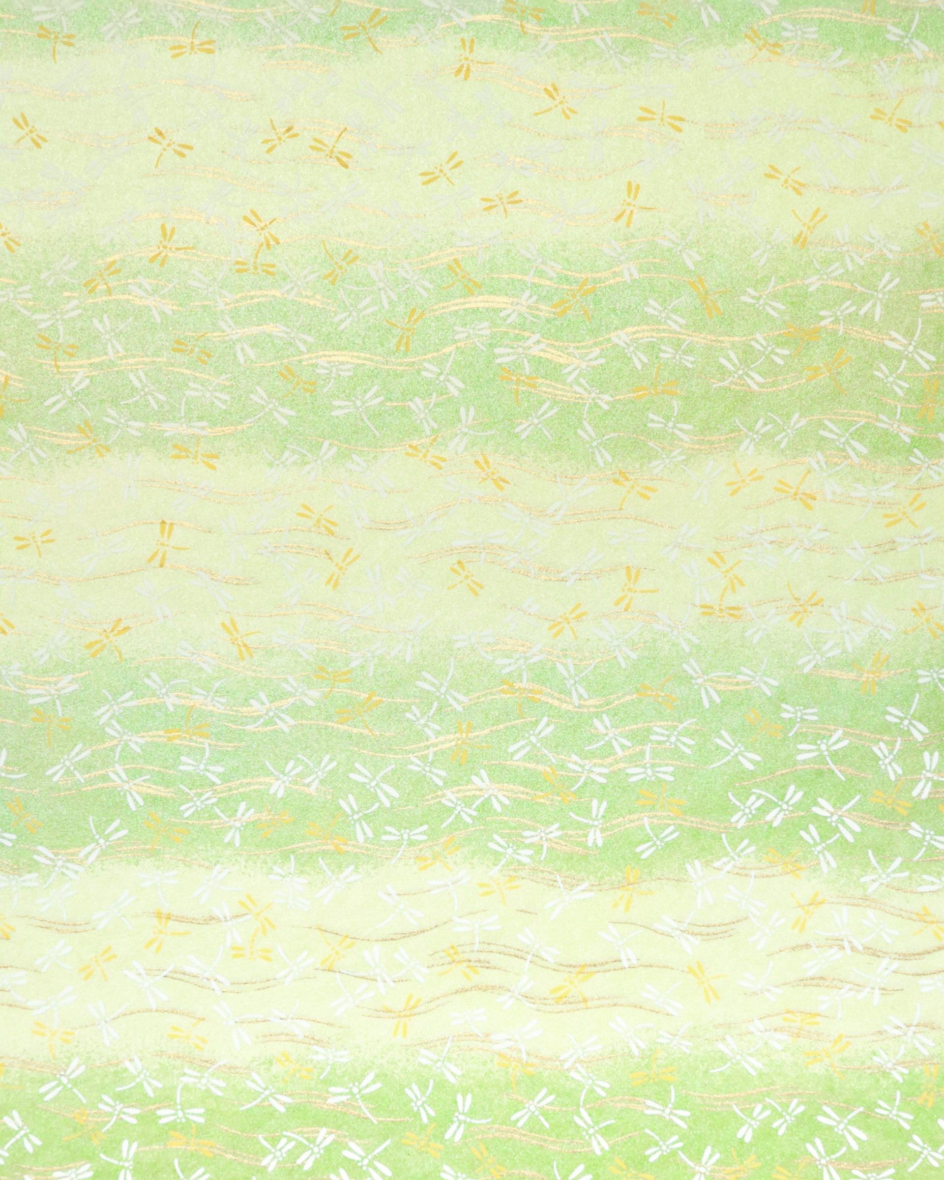 Japanese chiyogami paper featuring yellow and white dragonflies on a pearlescent green gradient background with metallic gold wavy lines.