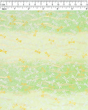 Japanese chiyogami paper featuring yellow and white dragonflies on a pearlescent green gradient background with metallic gold wavy lines.