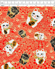 Japanese chiyogami paper featuring large black and white maneki neko (lucky cats) on a red background with metallic gold details. The red background has metallic gold cherry blossoms, plum blossoms, maples leaves, and wave crests.