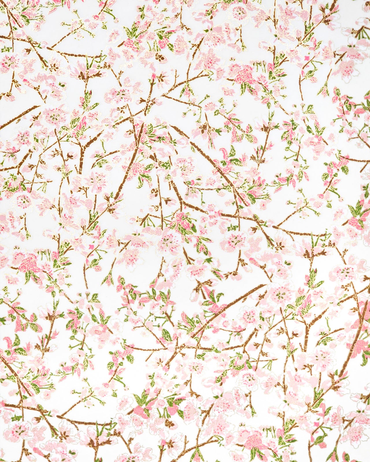 Japanese chiyogami paper featuring pink and white detailed plum blossoms with brown branches and green leaves on a white background with metallic gold details.
