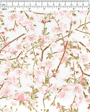 Japanese chiyogami paper featuring pink and white detailed plum blossoms with brown branches and green leaves on a white background with metallic gold details.