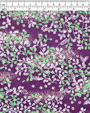 Japanese chiyogami paper featuring green and white hagi (bush clover) on a purple background with metallic gold details.