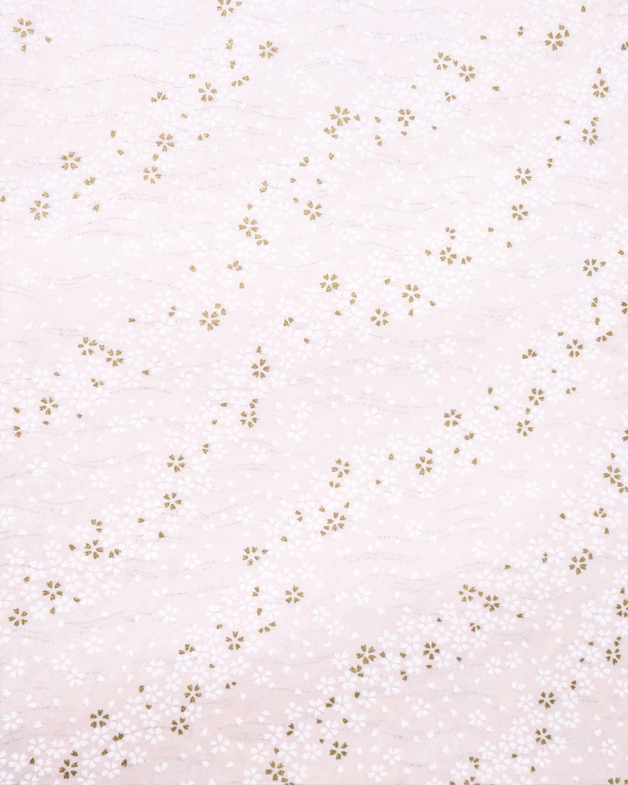 Japanese chiyogami paper featuring small white and metallic gold cherry blossoms on pearlescent pink background with metallic silver details.