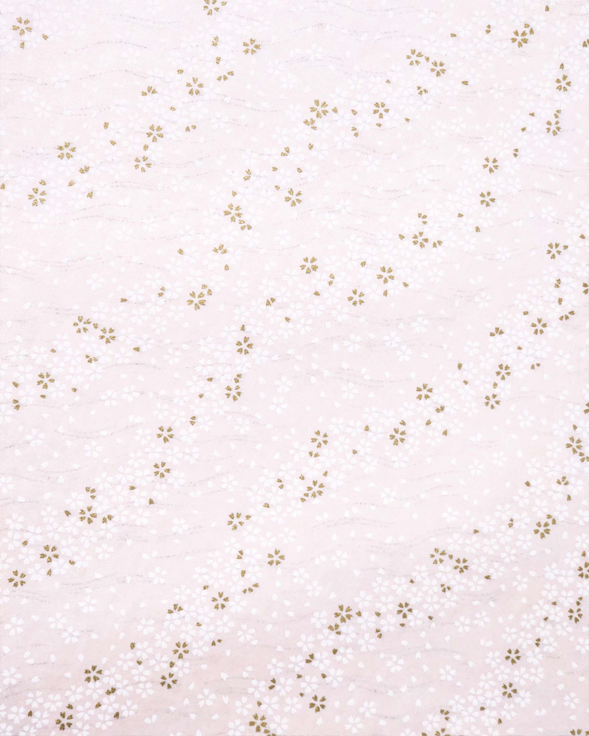 Japanese chiyogami paper featuring small white and metallic gold cherry blossoms on pearlescent pink background with metallic silver details.