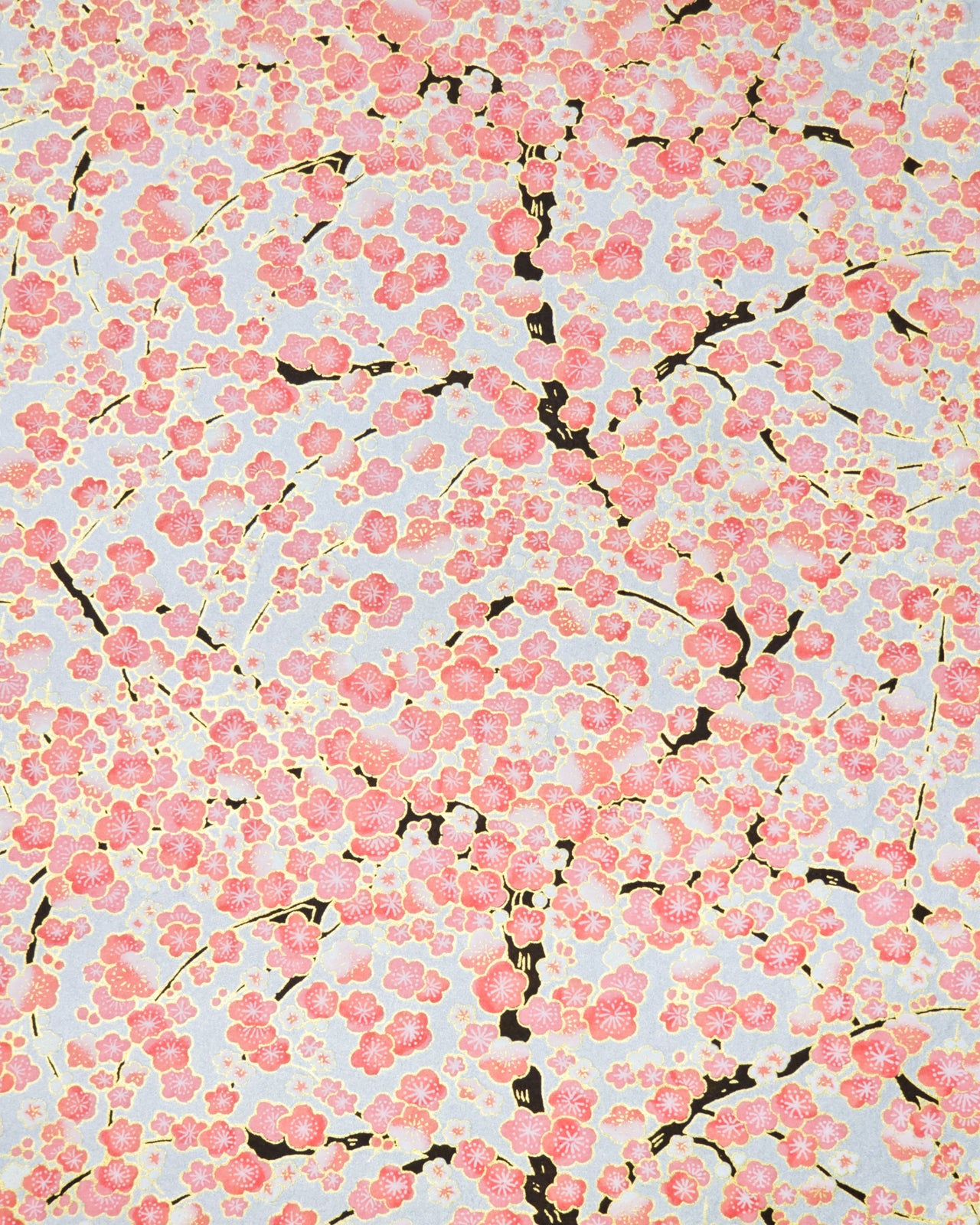 Japanese chiyogami paper featuring pink and white plum blossom trees with dark brown branches on a silver background with metallic gold details.
