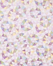 Japanese chiyogami paper featuring purple, yellow, green, and blue triangular patches decorated with assorted traditional Japanese motifs with metallic gold details.