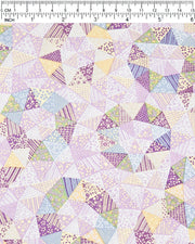 Japanese chiyogami paper featuring purple, yellow, green, and blue triangular patches decorated with assorted traditional Japanese motifs with metallic gold details.