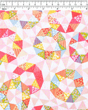 Japanese chiyogami paper featuring pink, yellow, green, and blue triangular patches decorated with assorted traditional Japanese motifs with metallic gold details.