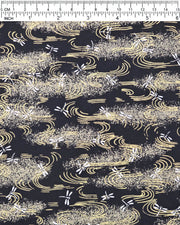 Japanese chiyogami paper featuring white dragonflies on a black background with metallic gold wavy lines.