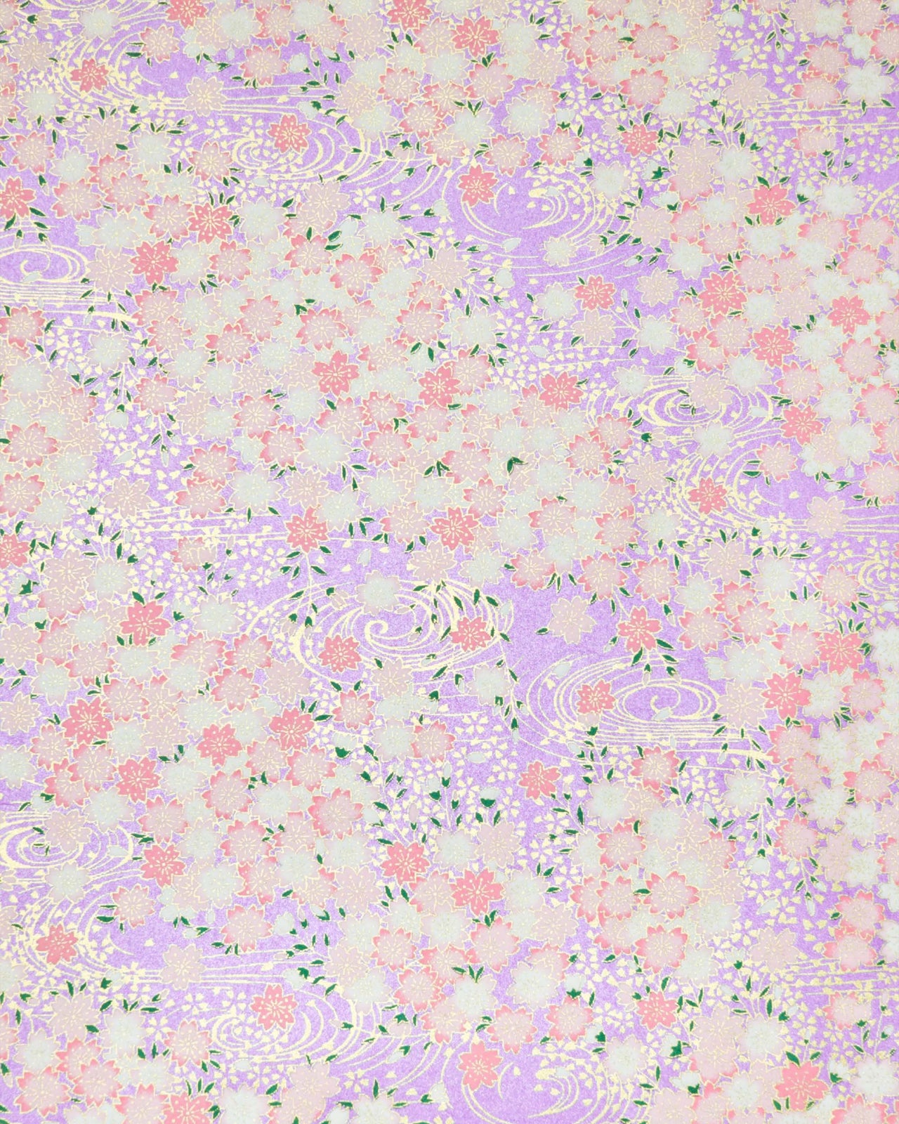 Japanese chiyogami paper featuring pink and white cherry blossoms on a pearlescent light purple background with metallic gold details.