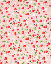 Japanese chiyogami paper featuring red strawberries with green leaves and white flowers with yellow centers on a pink background. 