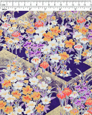 Japanese chiyogami paper featuring orange, purple, and white irises with green stems on a dark blue background with metallic gold details.