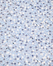 Japanese chiyogami paper featuring small blue and white momiji (maple leaves) on a light blue background with metallic gold details.