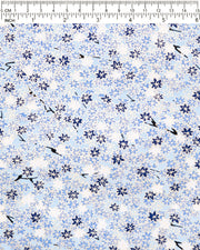 Japanese chiyogami paper featuring small blue and white momiji (maple leaves) on a light blue background with metallic gold details.