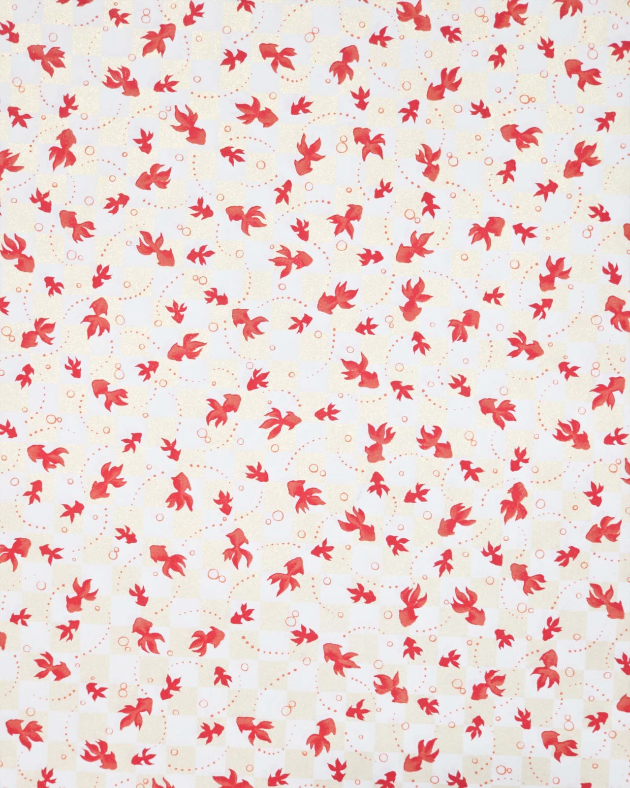 Japanese chiyogami paper featuring red koi fishes on a white and pearlescent beige ichimatsu (checker) background.