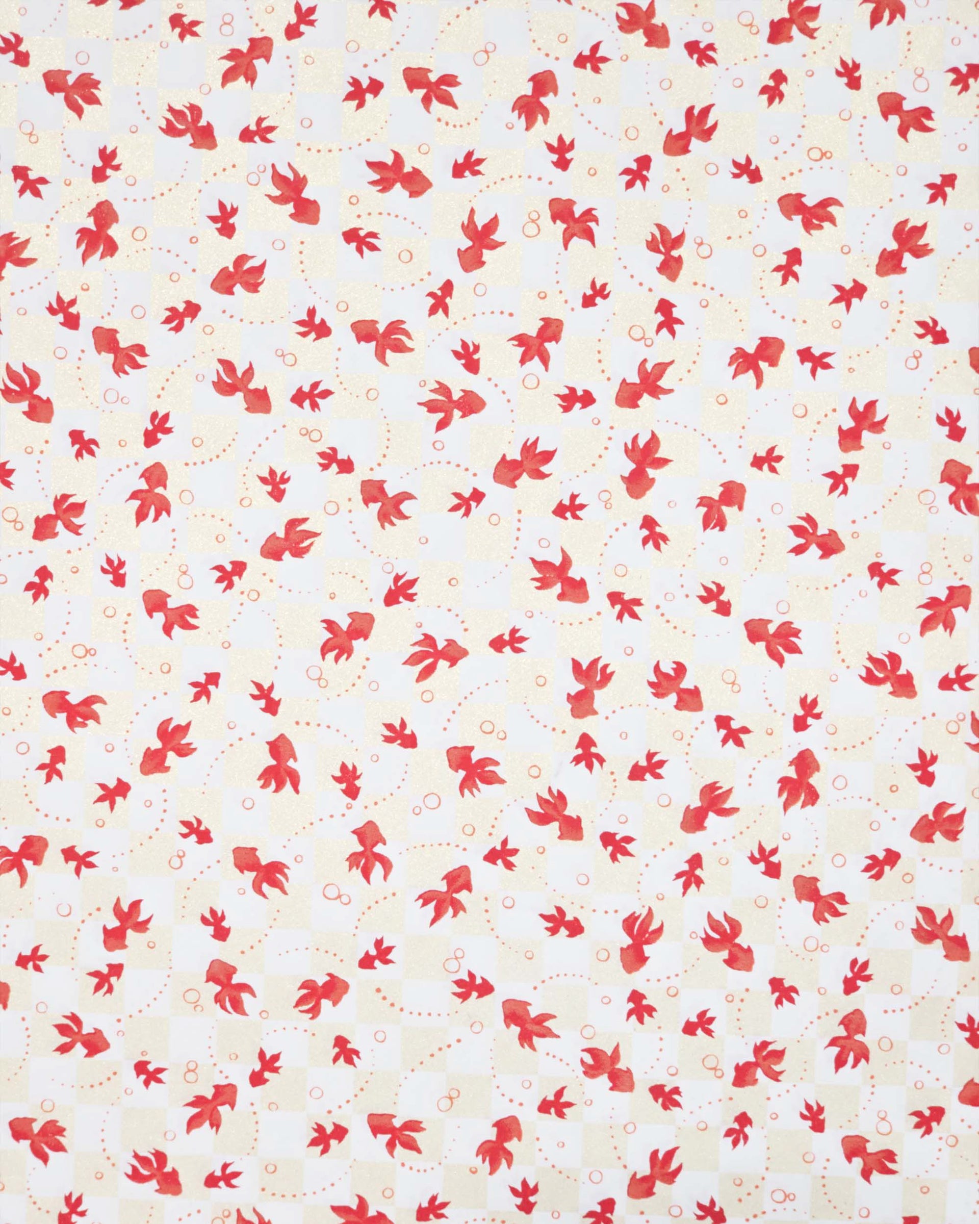 Japanese chiyogami paper featuring red koi fishes on a white and pearlescent beige ichimatsu (checker) background.