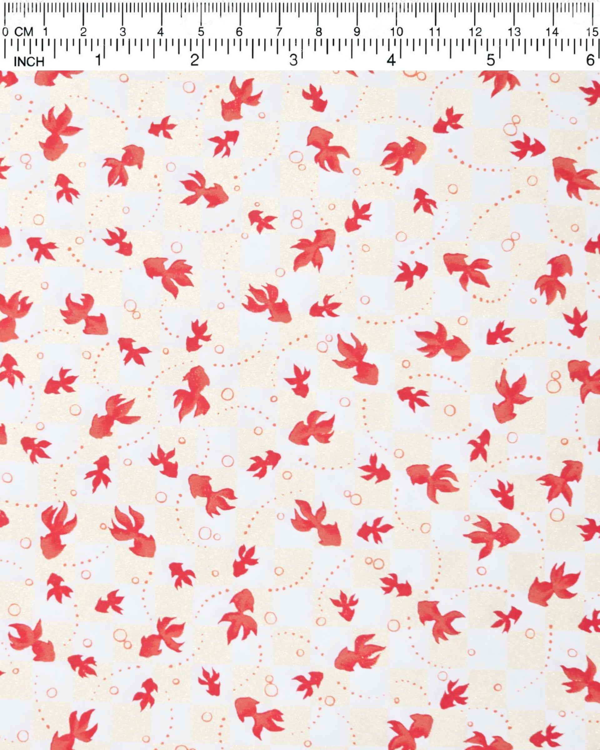 Japanese chiyogami paper featuring red koi fishes on a white and pearlescent beige ichimatsu (checker) background.