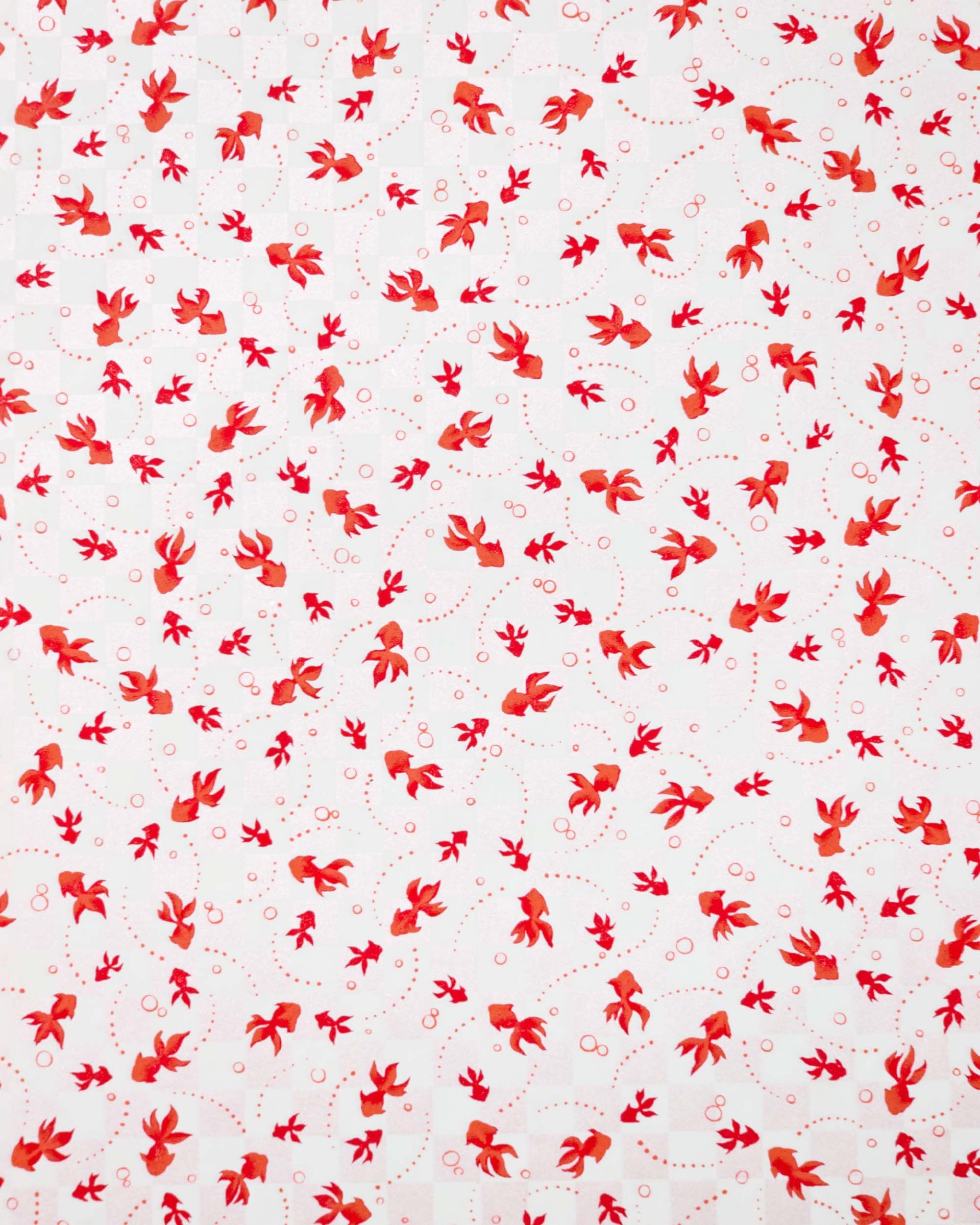 Japanese chiyogami paper featuring red koi fishes on a white and light pearlescent pink ichimatsu (checker) background.
