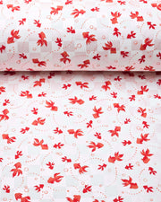 Japanese chiyogami paper featuring red koi fishes on a white and light pearlescent pink ichimatsu (checker) background.