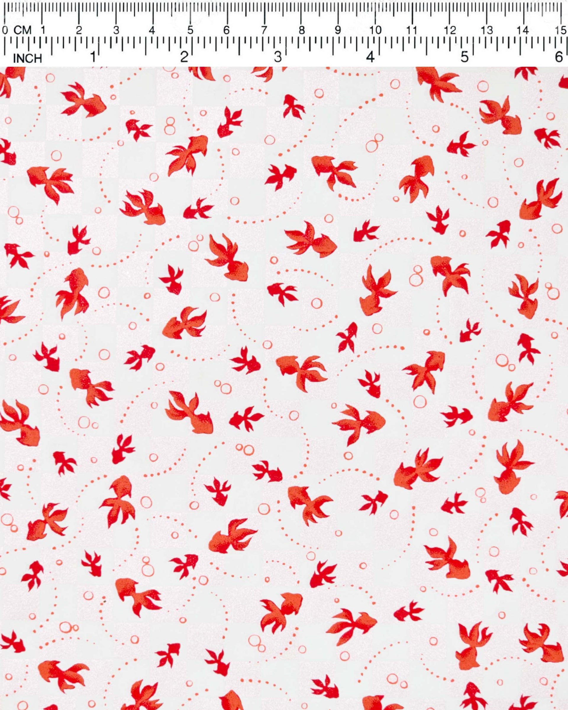 Japanese chiyogami paper featuring red koi fishes on a white and light pearlescent pink ichimatsu (checker) background.