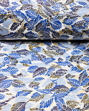 Japanese chiyogami paper featuring blue leaves on a metallic gold background.